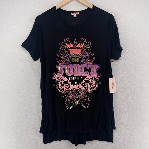 JUICY COUTURE Top L Ombre Crest High Slit Tee Rhinestone Tunic Black NEW - Picture 1 of 12